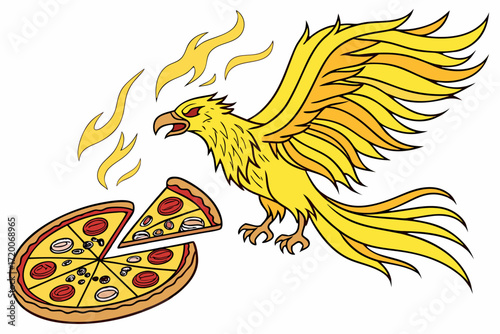 Vibrant golden phoenix with fiery wings and a delicious sliced pepperoni pizza illustration.