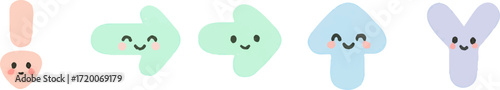 A collection of cute kawaii pastel characters shaped like arrows and punctuation marks with happy smiling faces.