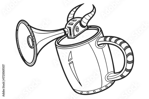 Whimsical fantasy tankard with attached trumpet and segmented horns detailed black and white illustration.