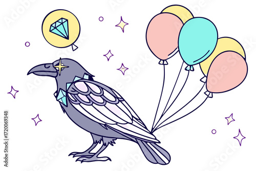 Whimsical cartoon raven with sparkling diamond chest pastel balloons and a floating diamond balloon.