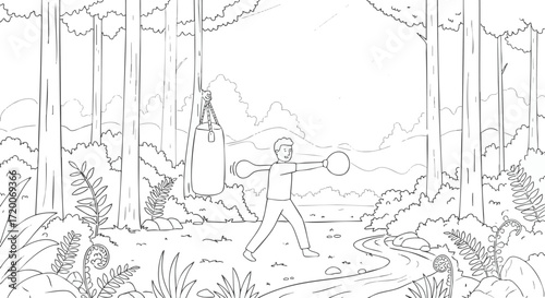 Line art illustration of a person's active outdoor fitness workout in a vibrant forest, showcasing a punching bag and stream, representing a healthy lifestyle and natural strength