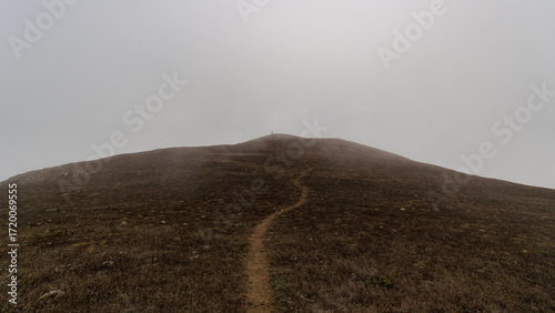 Картината върху платно Solitary Hiker on a Foggy Coastal Hill Trail