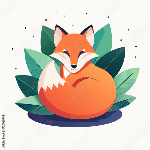 Adorable slumber of a charming orange fox nestled amidst lush green foliage, showcasing serene wildlife art in a minimalist vector style