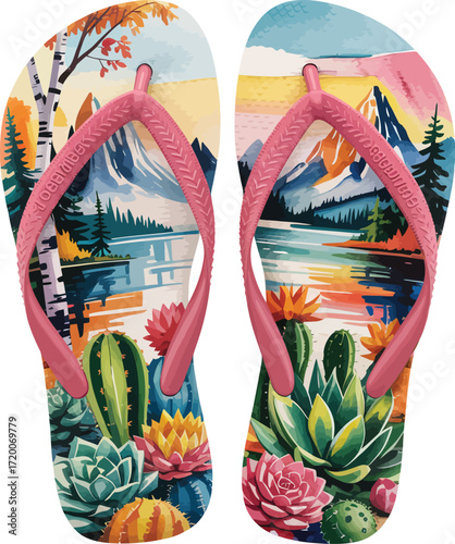 Vibrant Flip-Flops with Mountain Lake and Autumn Scene – Dual-Scenic Summer Sandals