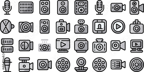 Audio and video devices for general platform use Bold line art icon bundle set