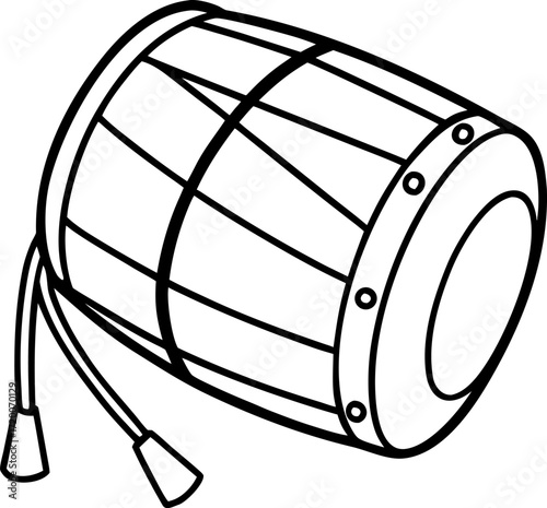 Line drawing of Indian dhol drum with strap isolated on white background, Minimal folk percussion instrument vector illustration, Traditional dhol outline, Heritage musical instrument line art