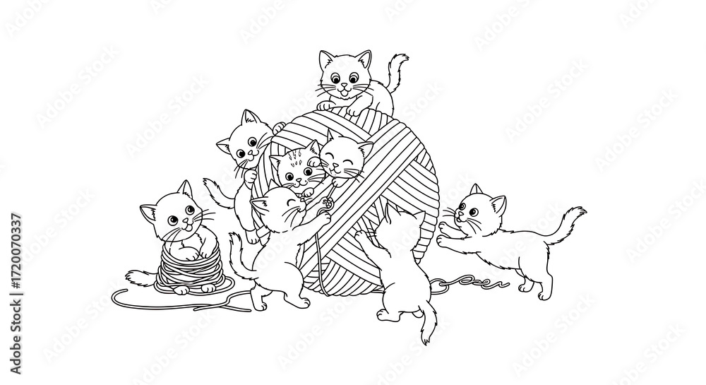 Fototapeta premium Playful Kittens Interacting with a Large Ball of Yarn in Black and White