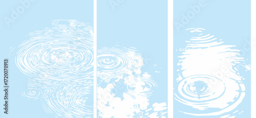 Triptych illustration displays water ripples against a serene light blue background, creating a calming effect with the white concentric circles suggesting a tranquil pond surface