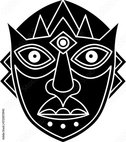 Black silhouette of ancient tribal mask with eyes isolated on white background, Minimal tribal face mask vector illustration, Traditional ethnic ceremonial mask outline, Ancient heritage mask line 