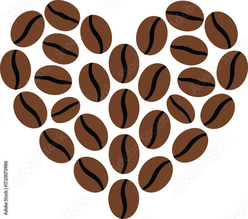 A heart shape formed by numerous roasted coffee beans, symbolizing love for coffee.