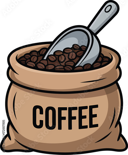 A burlap sack filled with roasted coffee beans, with a metal scoop resting on top, labeled "COFFEE".