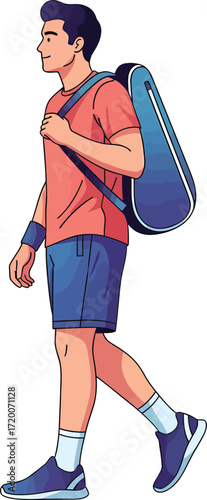 A young man in athletic wear walks with a blue sports bag slung over his shoulder.