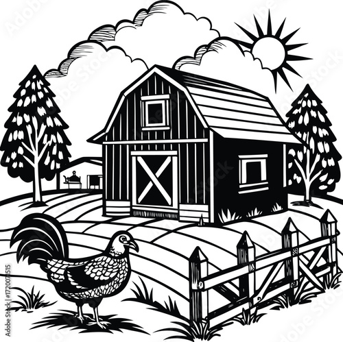 Countryside Barn with Chicken and Wooden Fence Farm Illustration