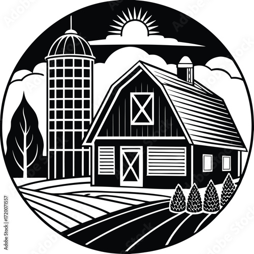 Vintage Barn with Silo and Sunrise Farm Silhouette Illustration