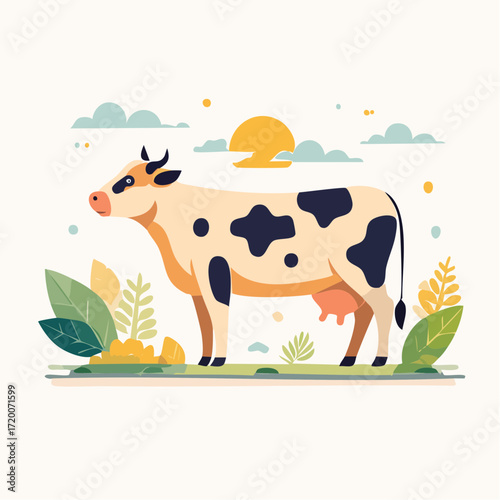 Delightful Dairy A Charming Cartoon Cow Grazing in a Sunny Meadow, Agriculture