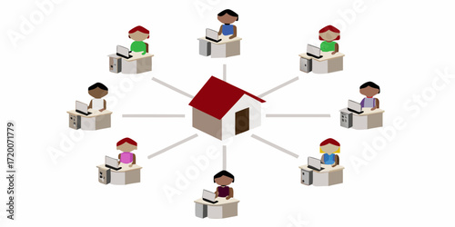 Diverse group of people working remotely from home connected to a central hub illustration