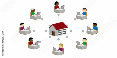 Diverse group of people working remotely from home connected to a central office building