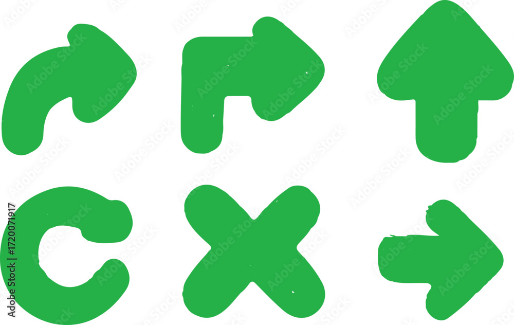 Fototapeta premium A collection of six hand-drawn green arrow and symbol icons, including right, up, curved, and 'X' shapes, on a white background.