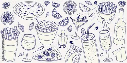 Hand drawn doodle illustration of various food and drink items including pizza fries cocktails and fruit slices