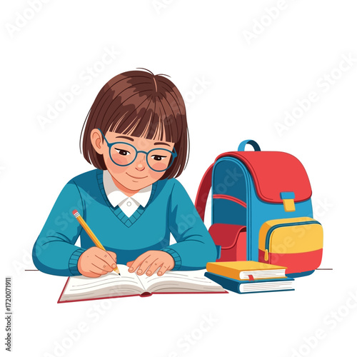 A young schoolgirl with glasses diligently writing in her notebook at a desk with her backpack nearby.