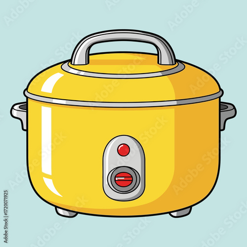 A bright yellow cartoon rice cooker, a common kitchen appliance, with a lid and control panel.