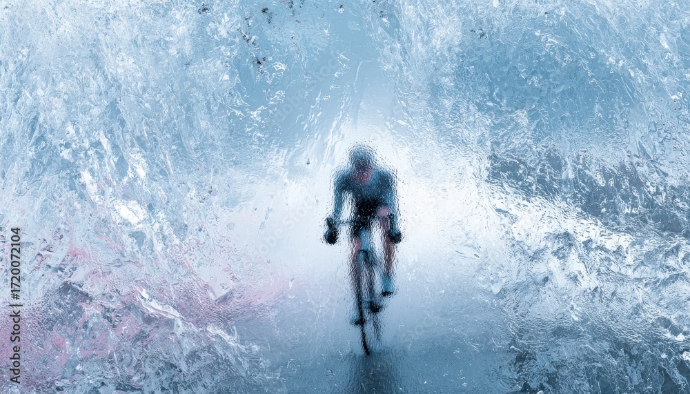 Naklejka premium Cyclist Riding Through a Wave of Water on a Stormy Day