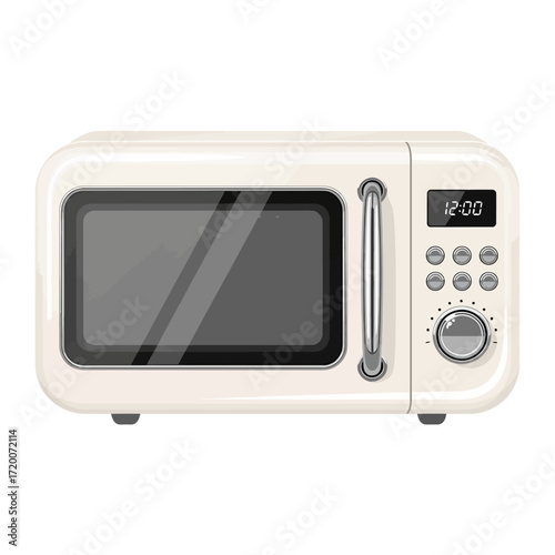 Vintage cream-colored microwave oven, front view, showing controls and display.