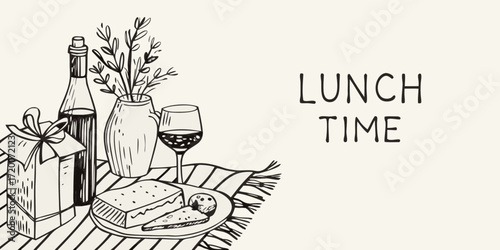 Hand drawn sketch of a delightful lunch spread with wine cheese and a gift box on a striped cloth