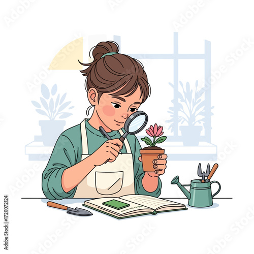 A curious girl in an apron studies a pink flower in a pot with a magnifying glass, surrounded by gardening tools and a book.