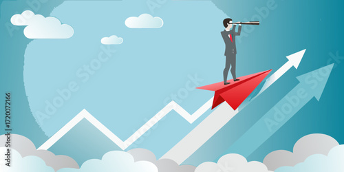 Businessman riding a red paper airplane on a rising graph looking through a telescope towards the future