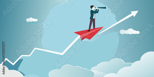 Businessman riding red paper airplane on upward trending graph looking through telescope for future opportunities