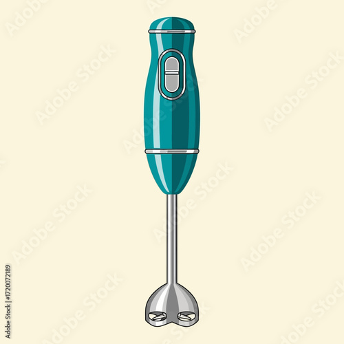 Illustration of a teal hand blender with a silver blade attachment, set against a beige background.