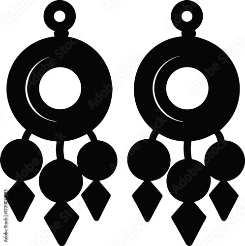 Black Silhouette of Tribal Earrings with Circular Design, Traditional Jewelry Vector, Minimal Ethnic Accessory Illustration, Isolated Design