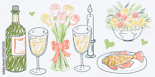 Romantic dinner for two with wine flowers candle and cooked fish illustration