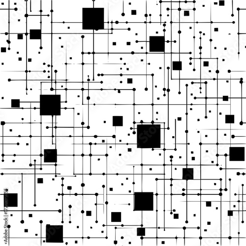 Black squares and circles connected by lines in an abstract network on a white background pattern design