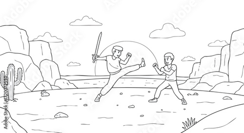 A black and white line art illustration depicting two young men engaged in a martial arts duel with a sword in a scenic desert canyon landscape