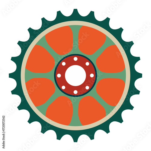 Stylized bicycle chainring with teal teeth and orange petal shapes