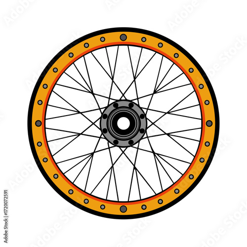 Detailed illustration of a bicycle wheel with orange rim and black spokes