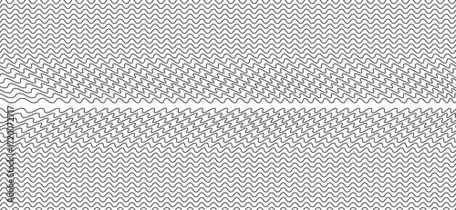 A dynamic black and white background features layers of undulating sine waves and irregular ripple shapes, creating a visually engaging and slightly unsettling pattern for graphic design