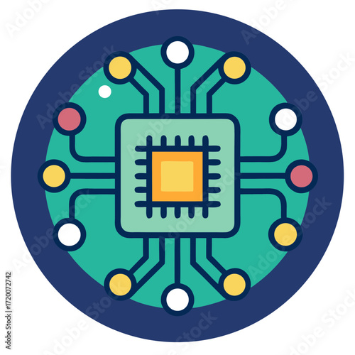 Stylized microchip with connected circuitry and colorful nodes