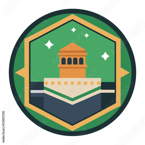 Stylized illustration of the kaaba in mecca with stars and geometric border