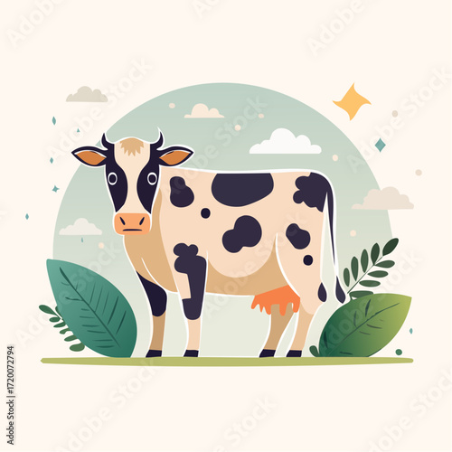 Whimsical Spotted Cow in a Cartoon Landscape, Adorable Farm Animal Illustration with Nature Elements