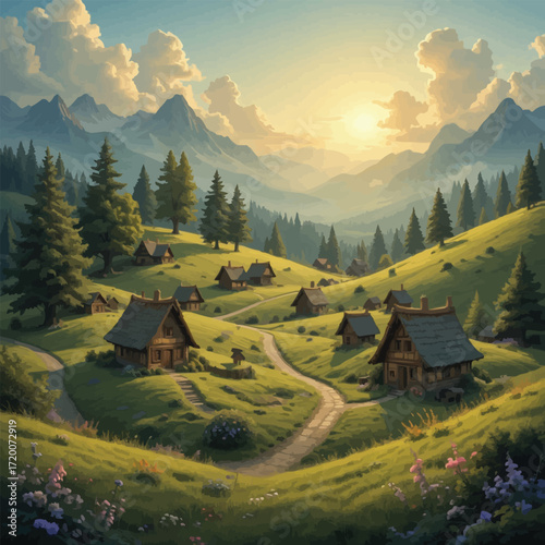 Picturesque Countryside Evening Scene with Vibrant Colorful Sky, Cozy Cabins Nestled in Meadow, Blooming Wildflowers and Tall Mountain Ranges in Distance