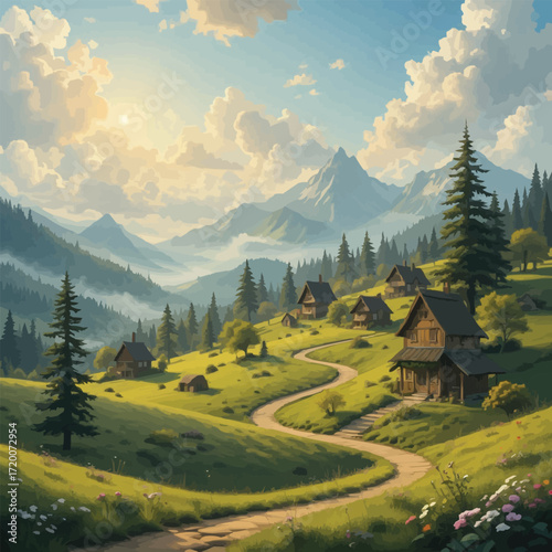 Whimsical Storybook Countryside Village with Charming White Homes, Thatched Roofs, Curved Pathways, Flower Boxes and Rolling Hills Surrounded by Tall Pines