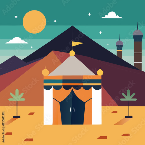 Desert oasis tent with mountains and minarets under a starry sky
