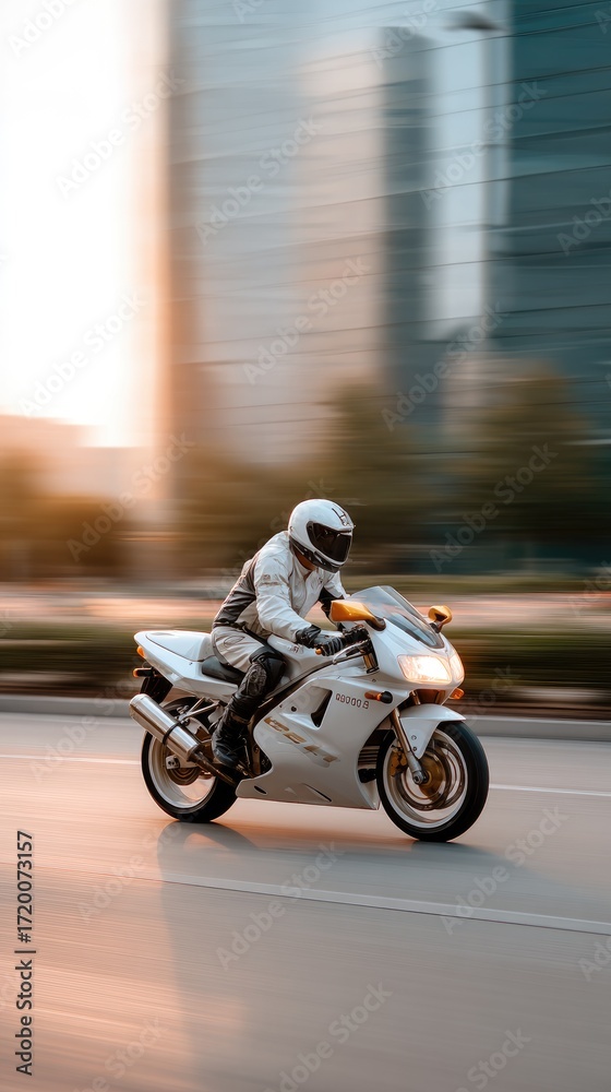 Fototapeta premium A motorcyclist races through a vibrant city at night, surrounded by light trails and towering buildings, exuding energy