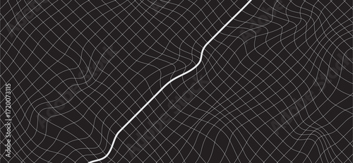 White grid lines on a black background create a distorted 3D effect, bisected by a thick white curving line enhancing the illusion of depth and dimension