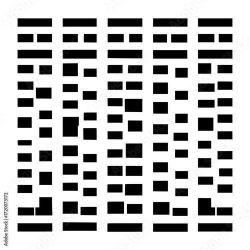 Array of black rectangles and squares arranged in vertical columns on a white background in a pattern