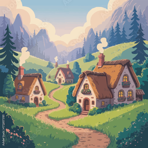 Enchanting Fairy Tale Countryside Scene with Thatched Roof Cottages, Rolling Meadows, Smoke Rising from Chimneys, Flower Gardens and Majestic Blue Mountains in the Distance