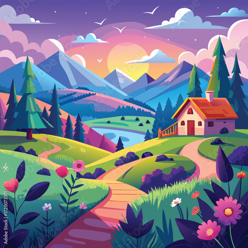 Scenic Village Landscape with Wooden Chalets Nestled in Green Valley, Surrounded by Evergreen Forests, Winding Dirt Path, Blooming Wildflowers and Majestic Mountains Under Golden Sunlight